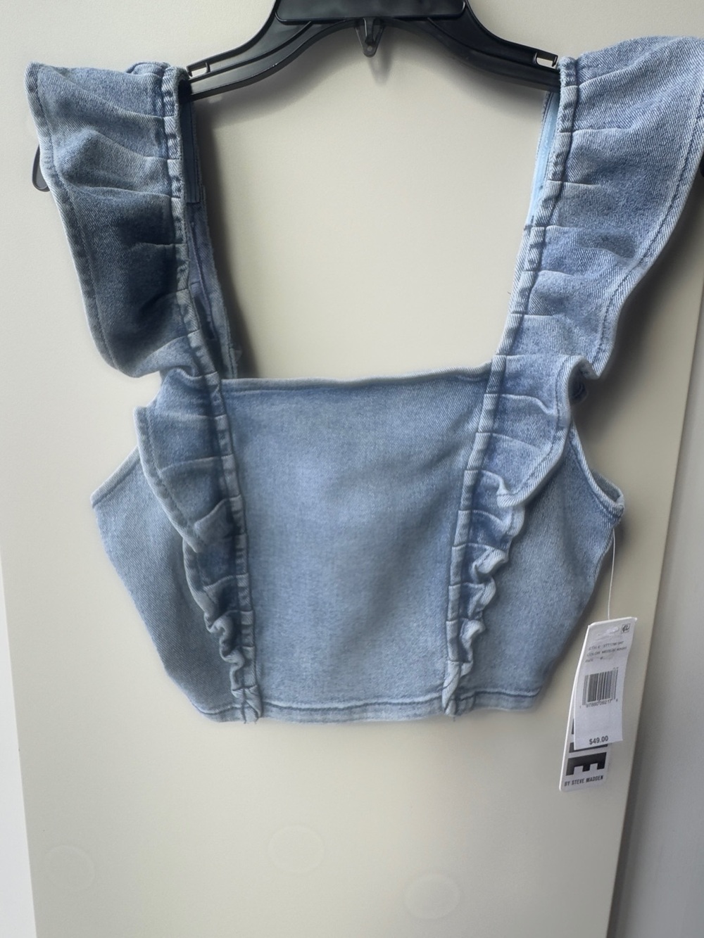 Light Blue Ruffle stretch Denim Crop Top - girlie - stylish and cute -size Small